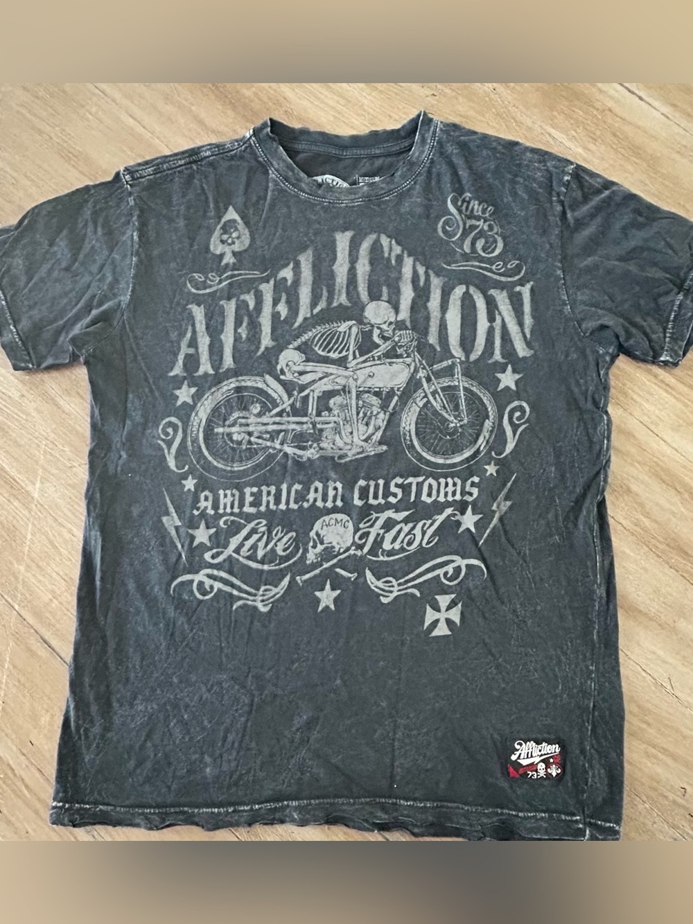 Affliction Men’s Live Fast Graphic Tee - Washed Black with Gray Print